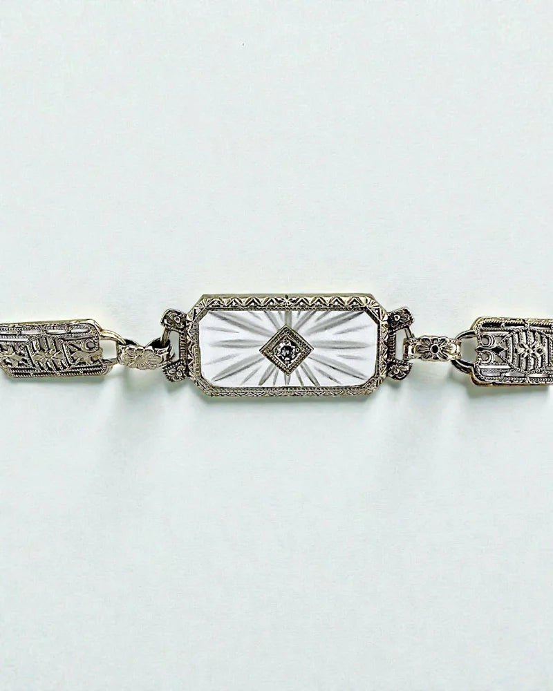 Art Deco 14K White Gold Filigree Bracelet Camphor Glass & Diamond - 14K White Gold - Free shipping - 8