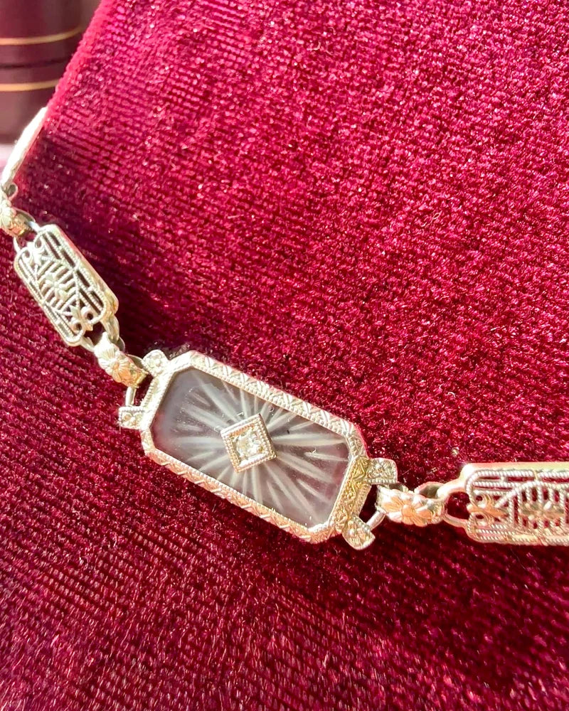 Art Deco 14K White Gold Filigree Bracelet Camphor Glass & Diamond - 14K White Gold - Free shipping - 4
