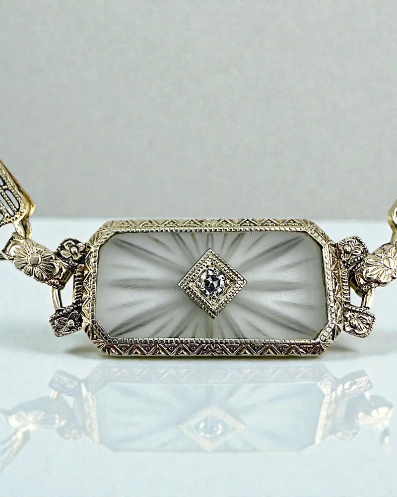 Art Deco 14K White Gold Filigree Bracelet Camphor Glass & Diamond - 14K White Gold - Free shipping - 6