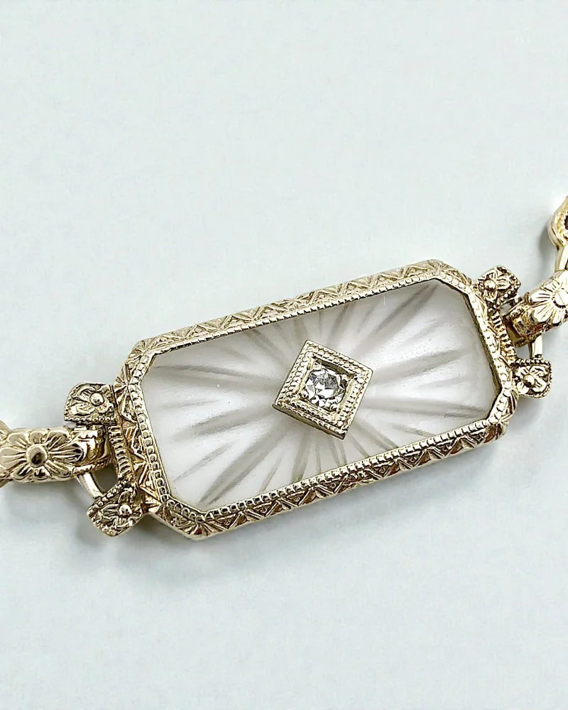 Art Deco 14K White Gold Filigree Bracelet Camphor Glass & Diamond - 14K White Gold - Free shipping - 2