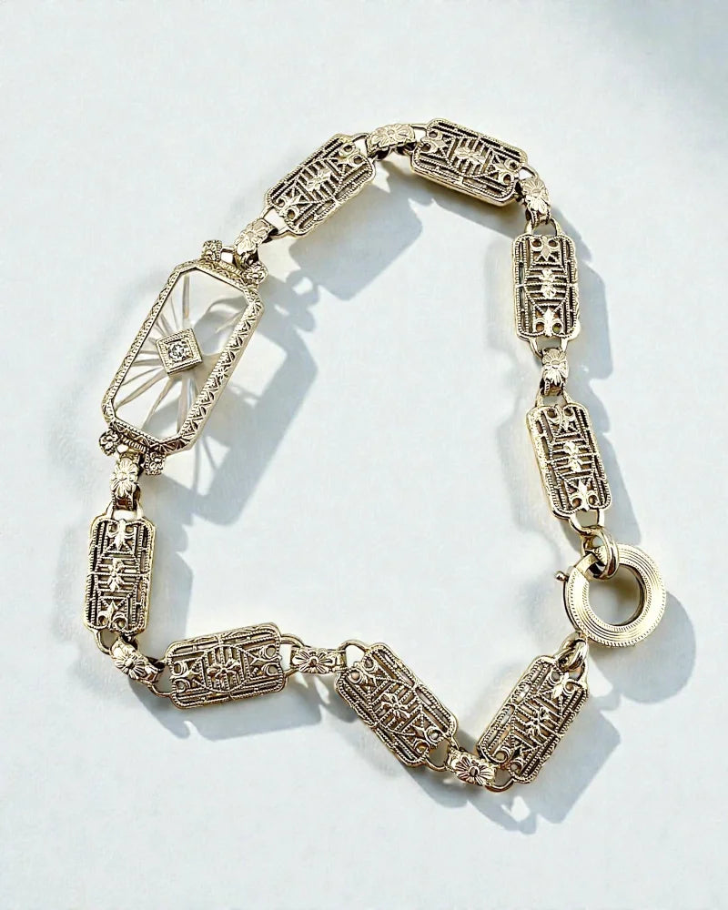 Art Deco 14K White Gold Filigree Bracelet Camphor Glass & Diamond - 14K White Gold - Free shipping - 3