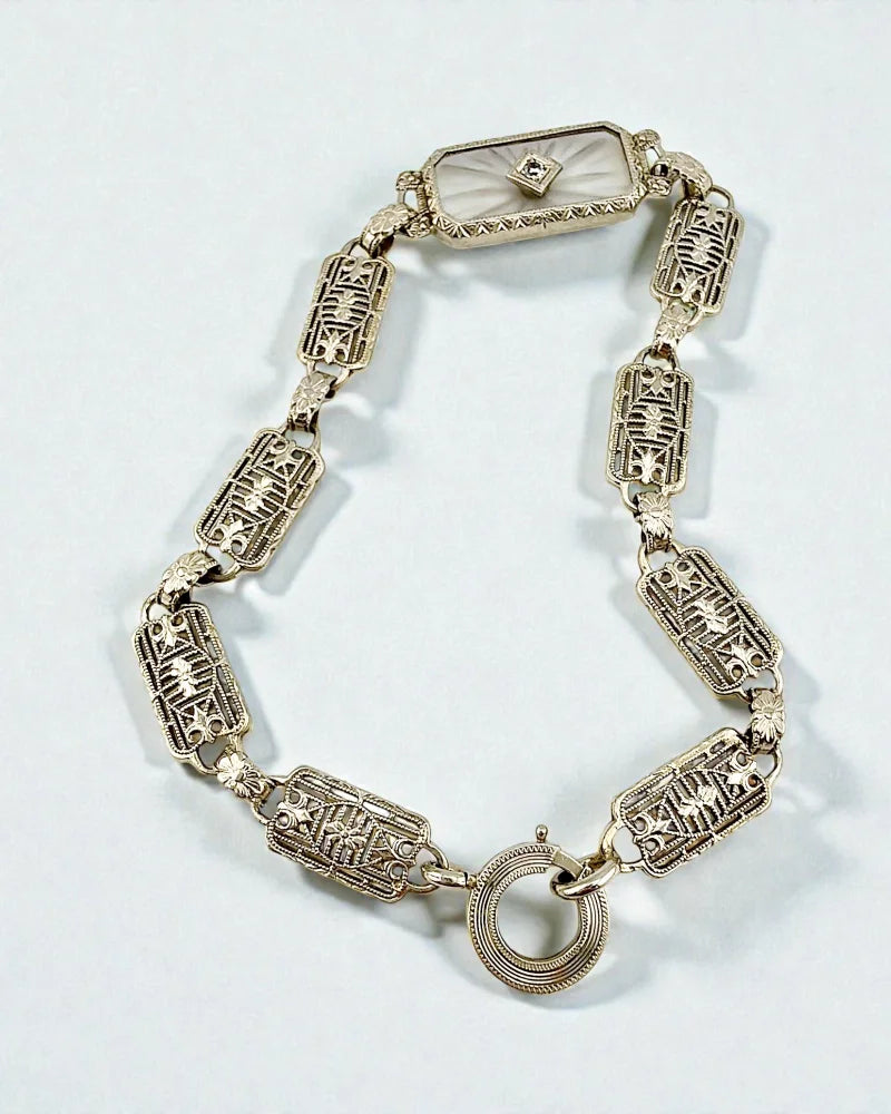 Art Deco 14K White Gold Filigree Bracelet Camphor Glass & Diamond - 14K White Gold - Free shipping - 7