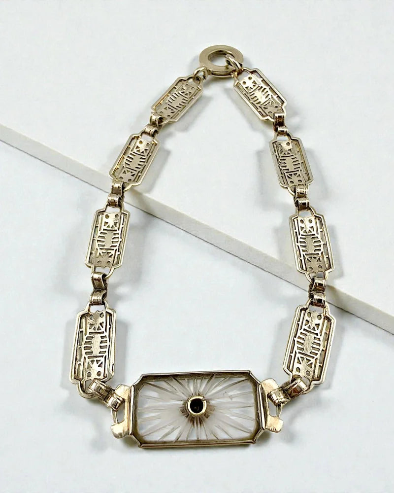 Art Deco 14K White Gold Filigree Bracelet Camphor Glass & Diamond - 14K White Gold - Free shipping - 10