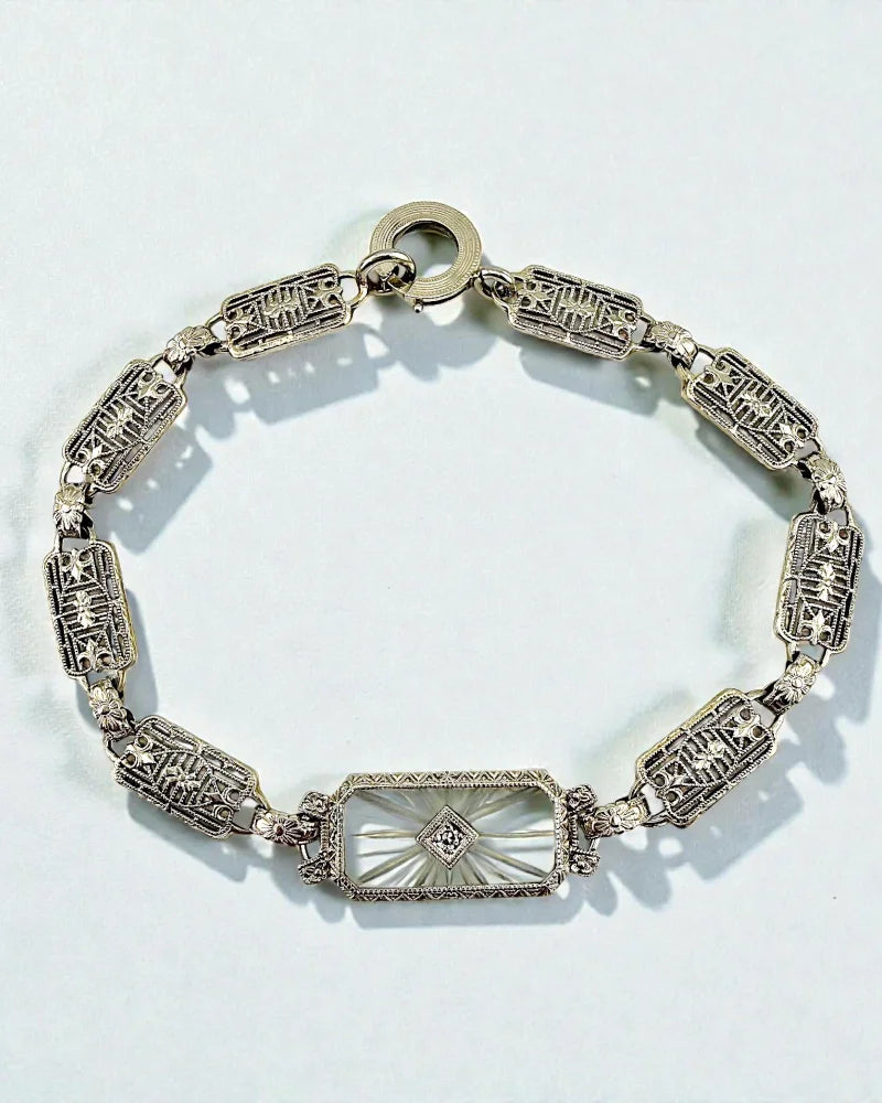 Art Deco 14K White Gold Filigree Bracelet Camphor Glass & Diamond - 14K White Gold - Free shipping - 9