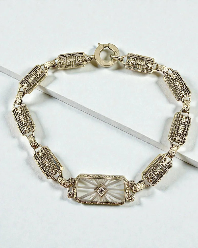 Art Deco 14K White Gold Filigree Bracelet Camphor Glass & Diamond - 14K White Gold - Free shipping - 1