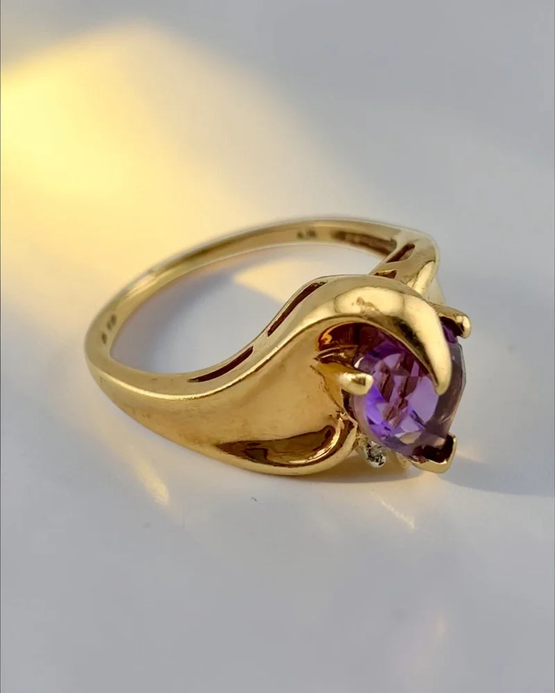Vintage 10K Yellow Gold Heart Amethyst Ring - 10K Gold - Free shipping - 5
