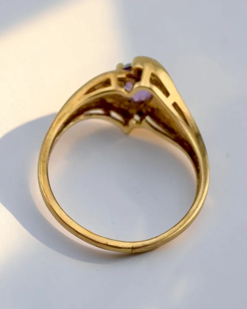 Vintage 10K Yellow Gold Heart Amethyst Ring - 10K Gold - Free shipping - 7