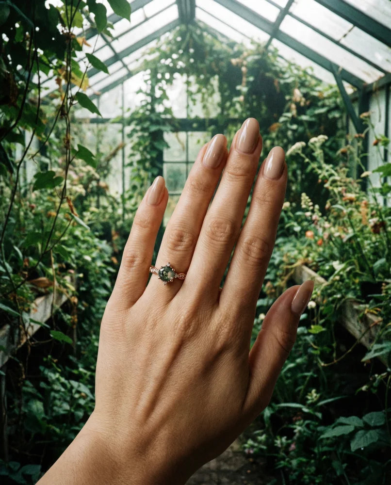 Dainty Natural Moss Agate Ring in Rose Gold - SS925 14K Gold Vermeil - Free shipping - 3