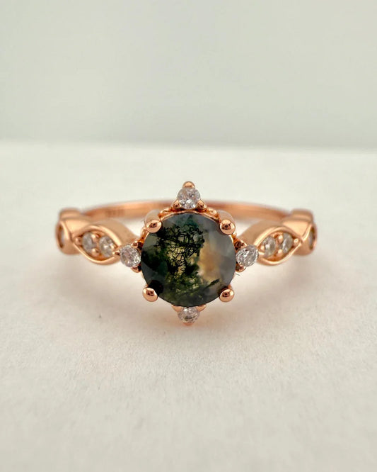 Dainty Natural Moss Agate Ring in Rose Gold - SS925 14K Gold Vermeil - Free shipping - 1