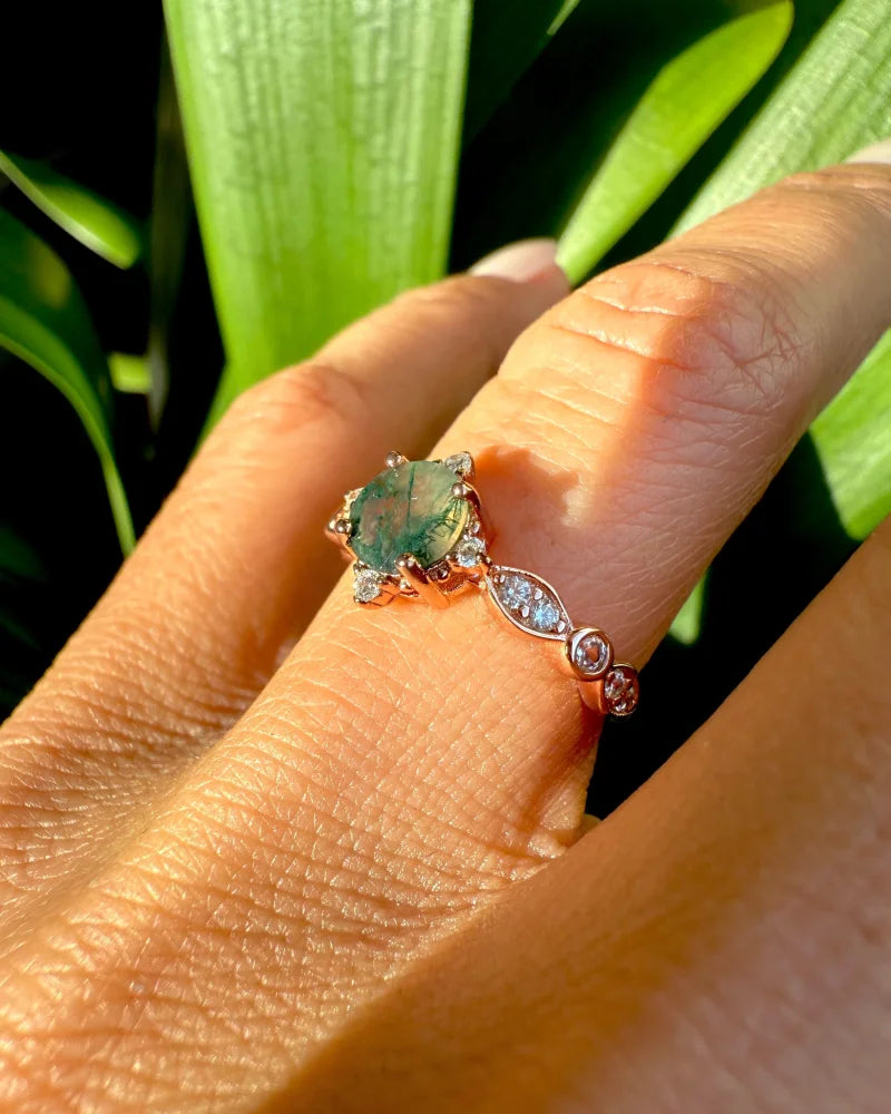 Dainty Natural Moss Agate Ring in Rose Gold - SS925 14K Gold Vermeil - Free shipping - 2