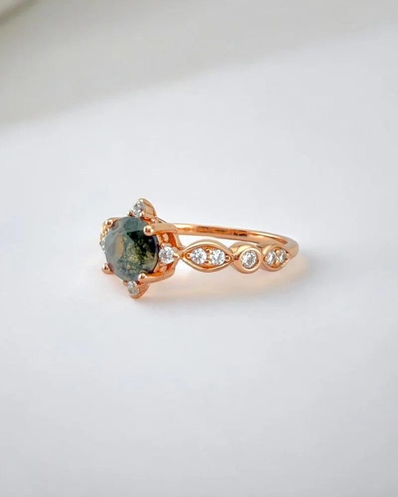 Dainty Natural Moss Agate Ring in Rose Gold - SS925 14K Gold Vermeil - Free shipping - 3