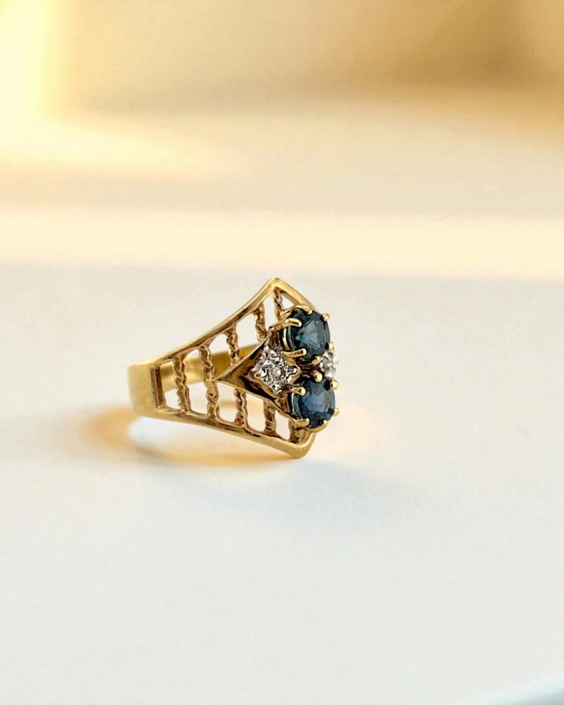 Edwardian-Art Deco Filigree Sapphire Ring - 10K Gold - Free shipping - 2