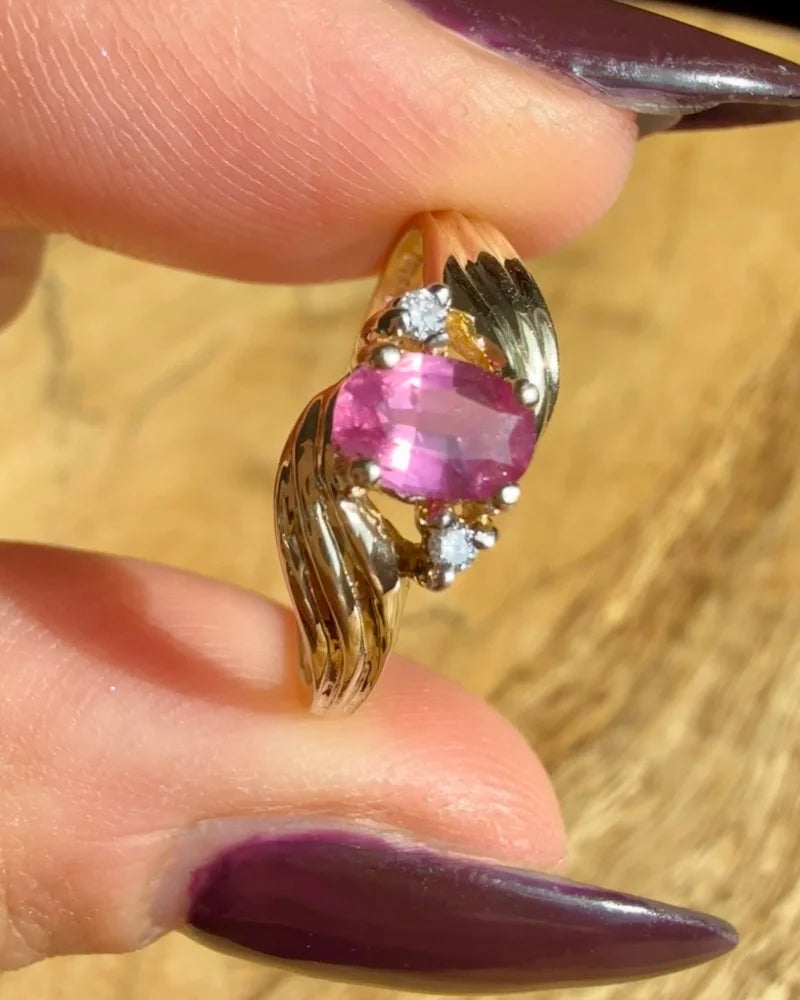 Estate 14K Gold Natural Unheated Pink Sapphire and Diamond Ring - 14K Solid Gold - Free shipping - 4