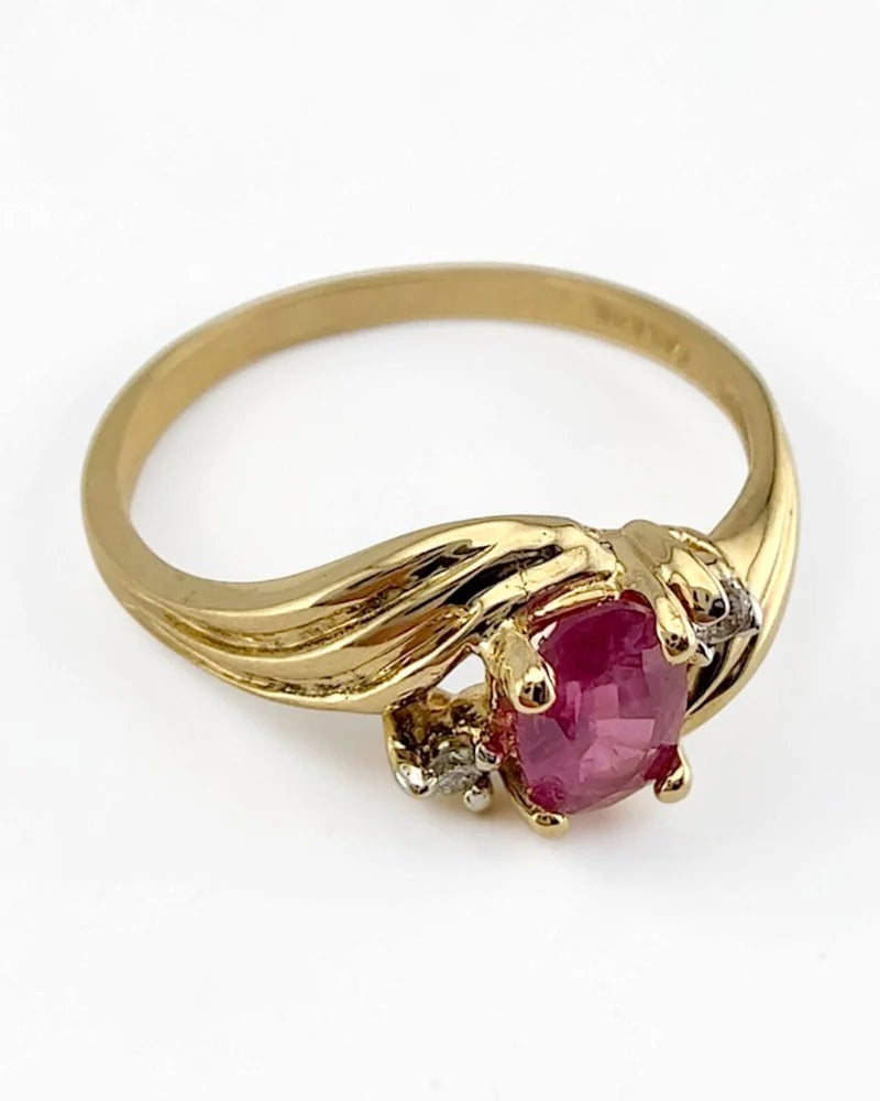 Estate 14K Gold Natural Unheated Pink Sapphire and Diamond Ring - 14K Solid Gold - Free shipping - 7
