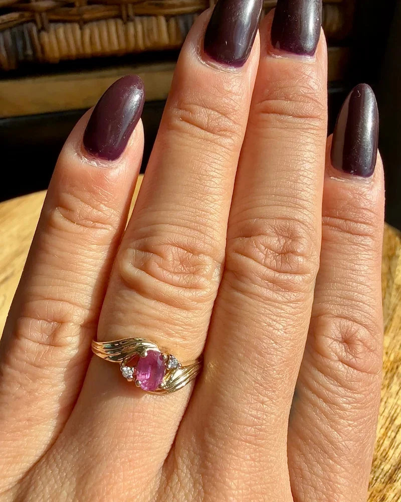 Estate 14K Gold Natural Unheated Pink Sapphire and Diamond Ring - 14K Solid Gold - Free shipping - 6