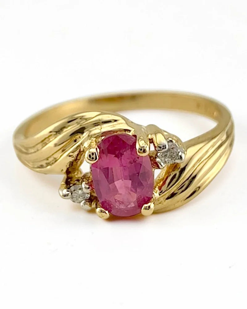 Estate 14K Gold Natural Unheated Pink Sapphire and Diamond Ring - 14K Solid Gold - Free shipping - 1