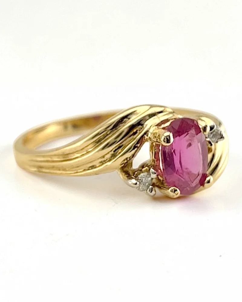 Estate 14K Gold Natural Unheated Pink Sapphire and Diamond Ring - 14K Solid Gold - Free shipping - 3