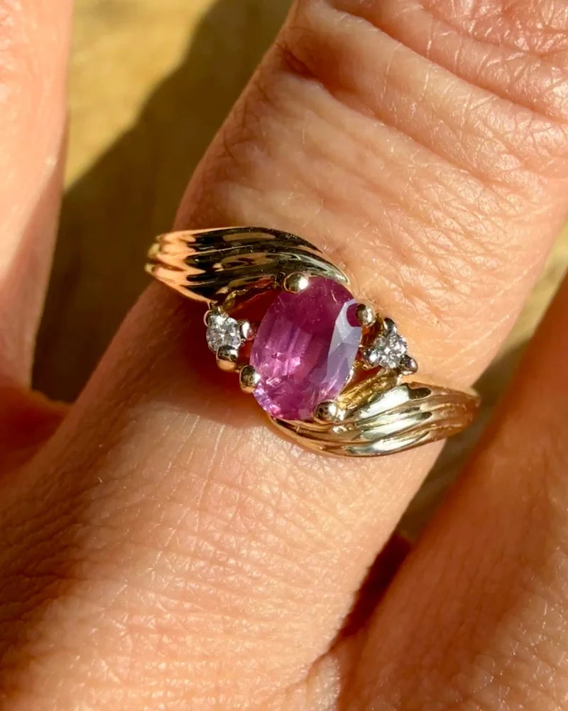 Estate 14K Gold Natural Unheated Pink Sapphire and Diamond Ring - 14K Solid Gold - Free shipping - 2
