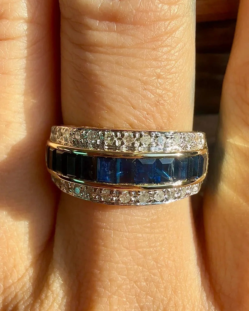 Estate 14K Gold Sapphire and Diamond Three-Row Band Ring - 14K Solid Gold - Free shipping - 2
