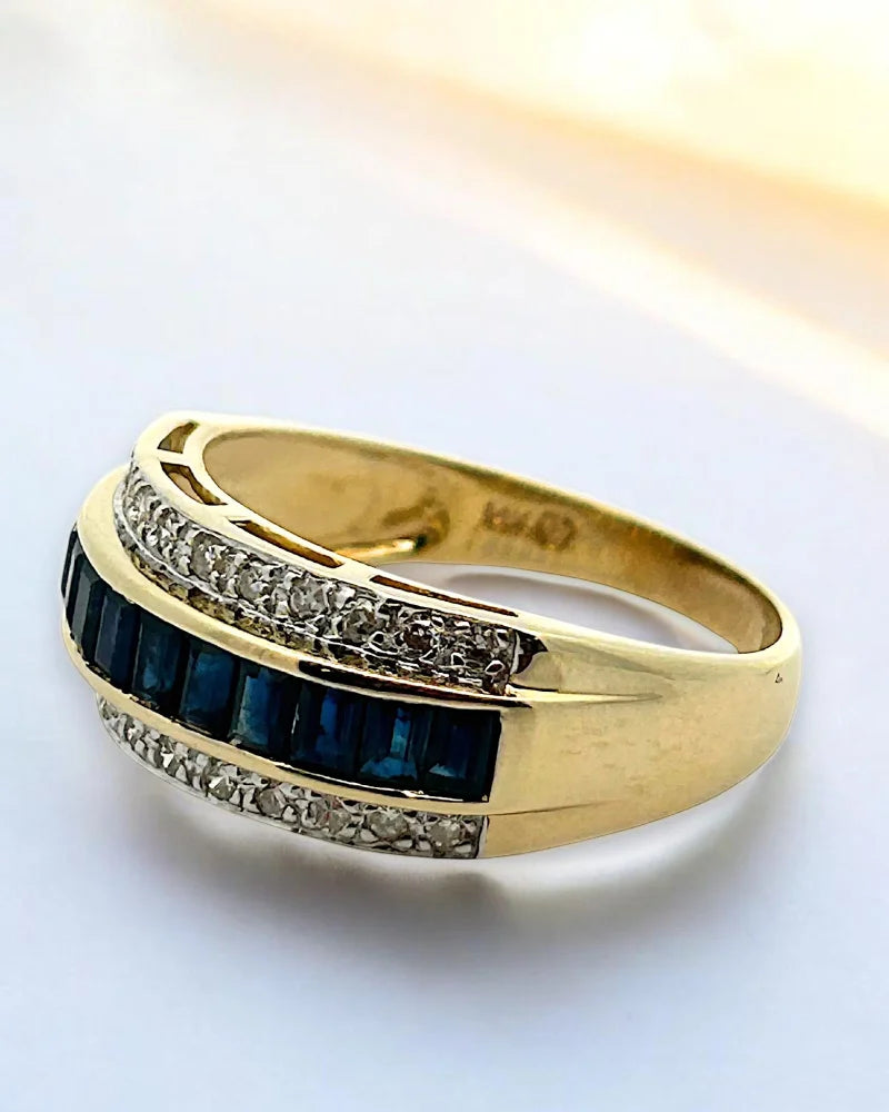 Estate 14K Gold Sapphire and Diamond Three-Row Band Ring - 14K Solid Gold - Free shipping - 3