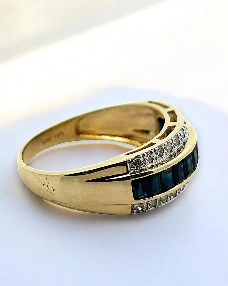 Estate 14K Gold Sapphire and Diamond Three-Row Band Ring - 14K Solid Gold - Free shipping - 4