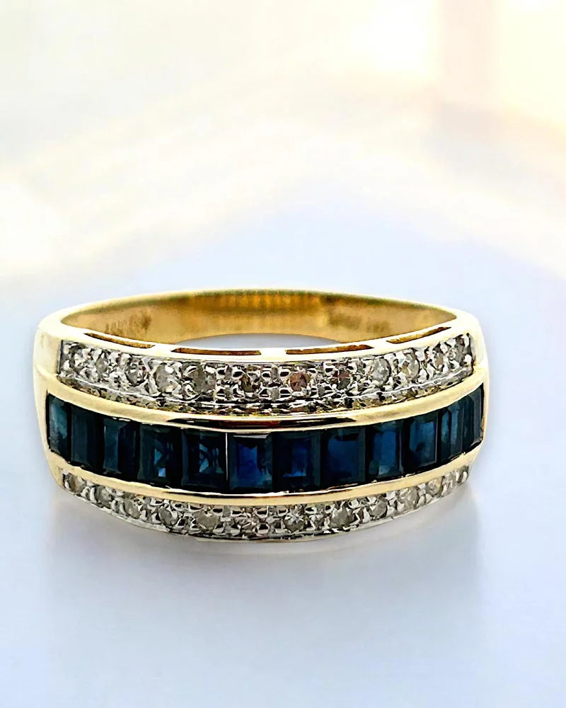 Estate 14K Gold Sapphire and Diamond Three-Row Band Ring - 14K Solid Gold - Free shipping - 1