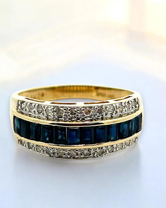 Estate 14K Gold Sapphire and Diamond Three-Row Band Ring - 14K Solid Gold - Free shipping - 1