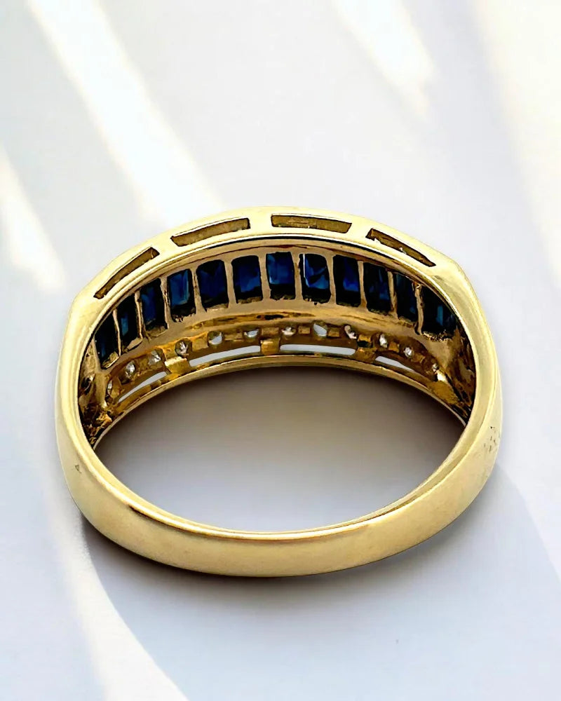 Estate 14K Gold Sapphire and Diamond Three-Row Band Ring - 14K Solid Gold - Free shipping - 5