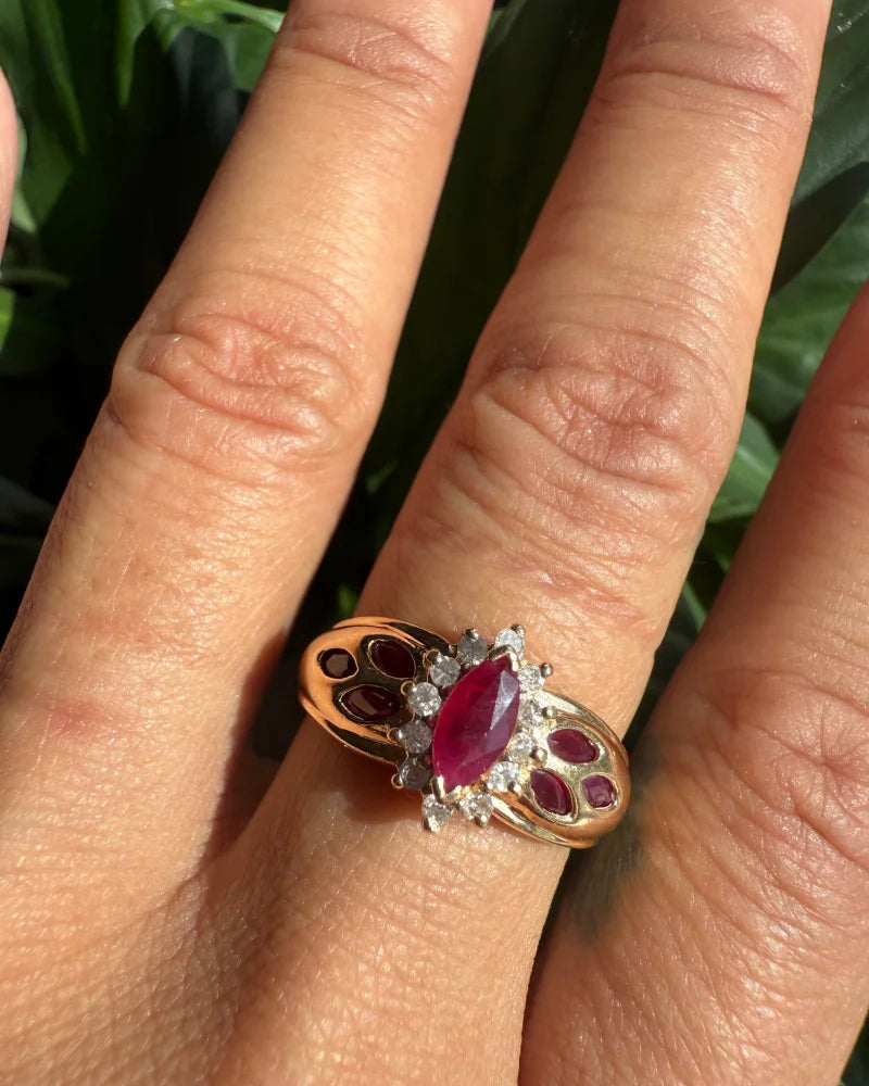 Estate 14K Ruby Marquise Ring with Diamond Halo - 14K Solid Gold - Free shipping - 8