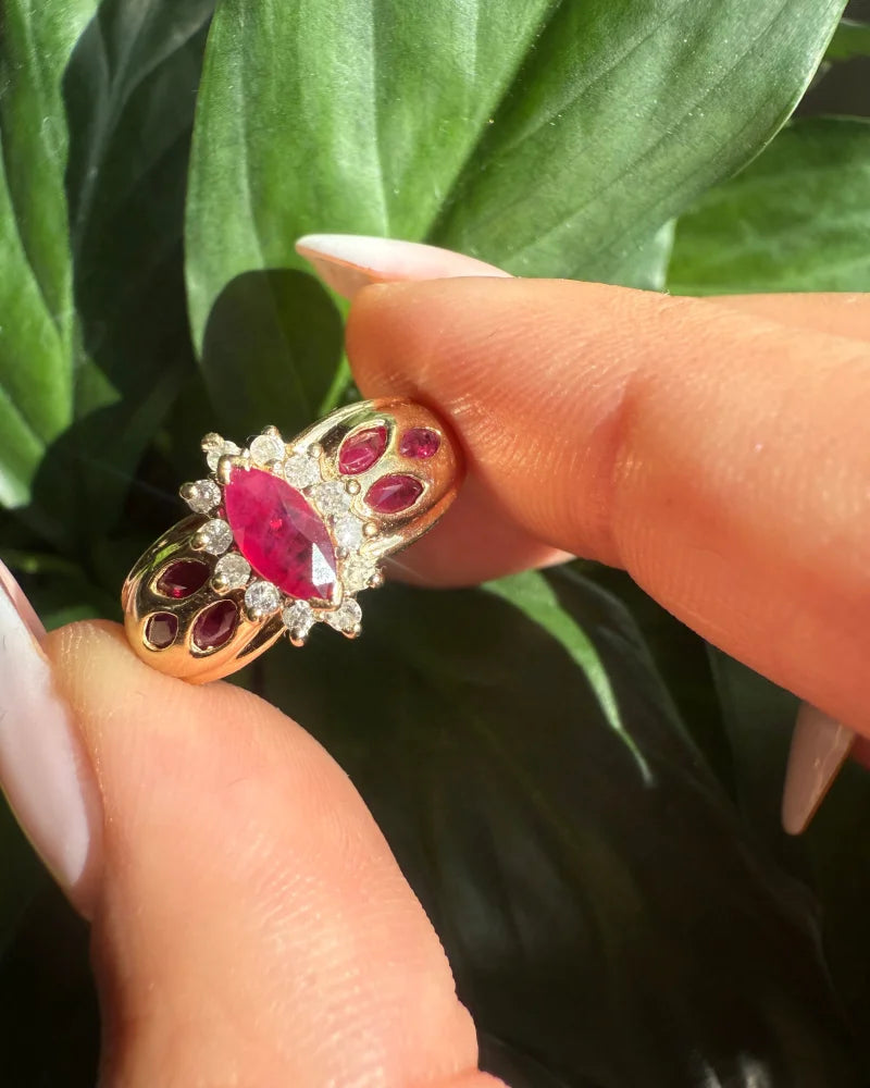 Estate 14K Ruby Marquise Ring with Diamond Halo - 14K Solid Gold - Free shipping - 4