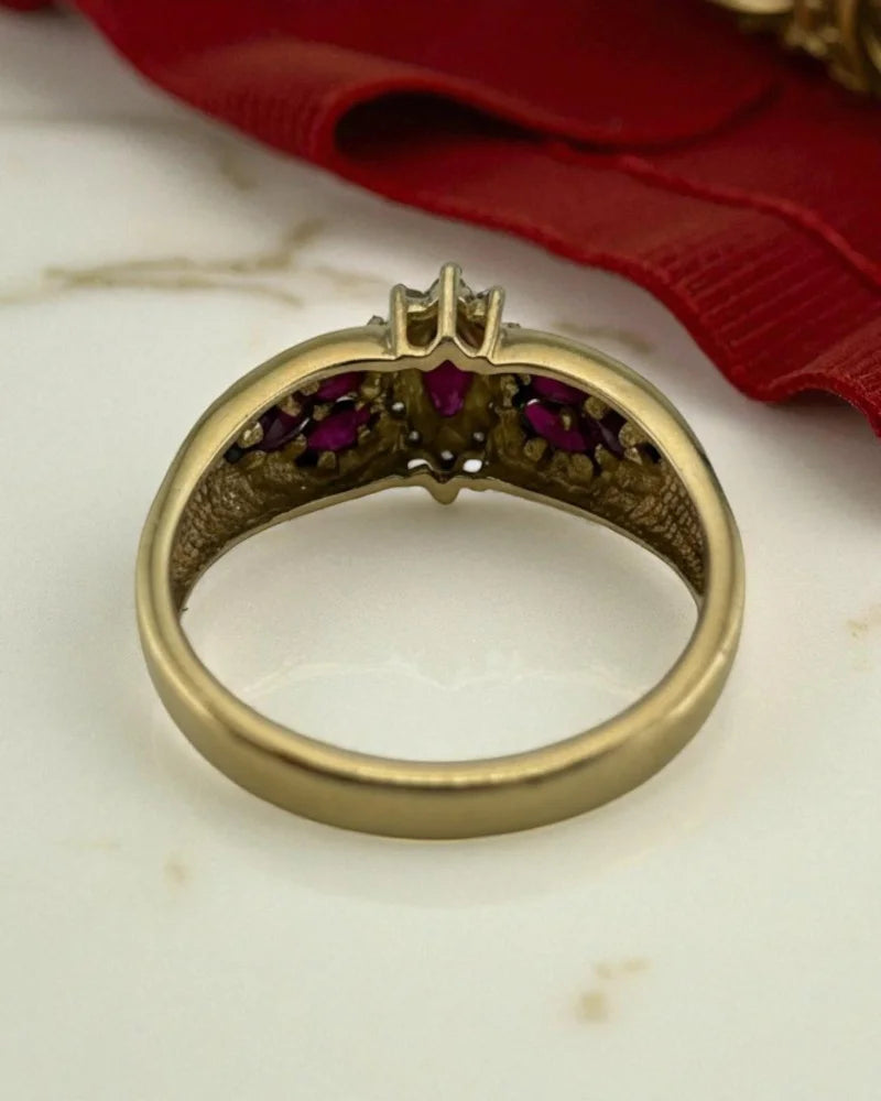 Estate 14K Ruby Marquise Ring with Diamond Halo - 14K Solid Gold - Free shipping - 9