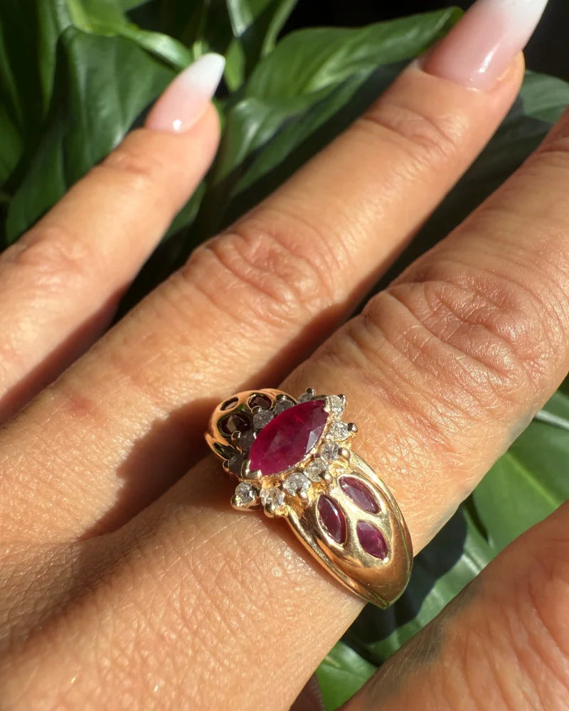 Estate 14K Ruby Marquise Ring with Diamond Halo - 14K Solid Gold - Free shipping - 9
