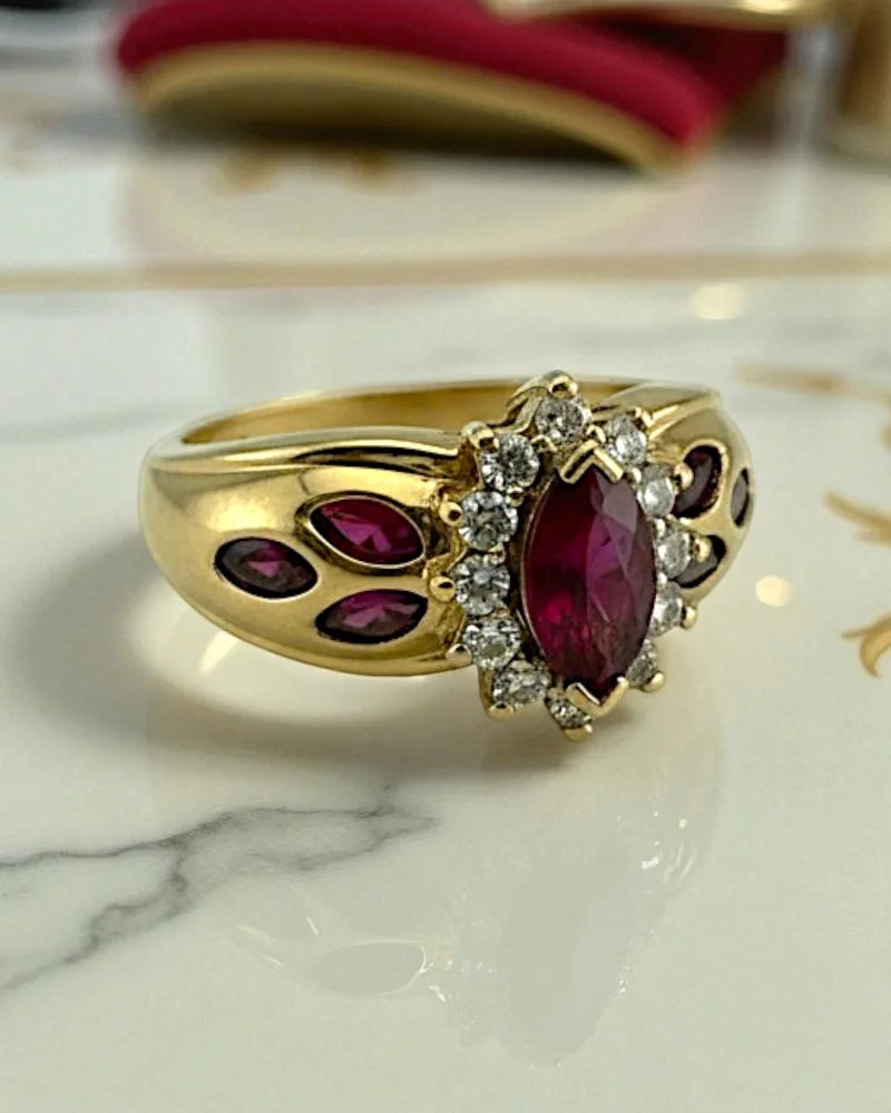 Estate 14K Ruby Marquise Ring with Diamond Halo - 14K Solid Gold - Free shipping - 4