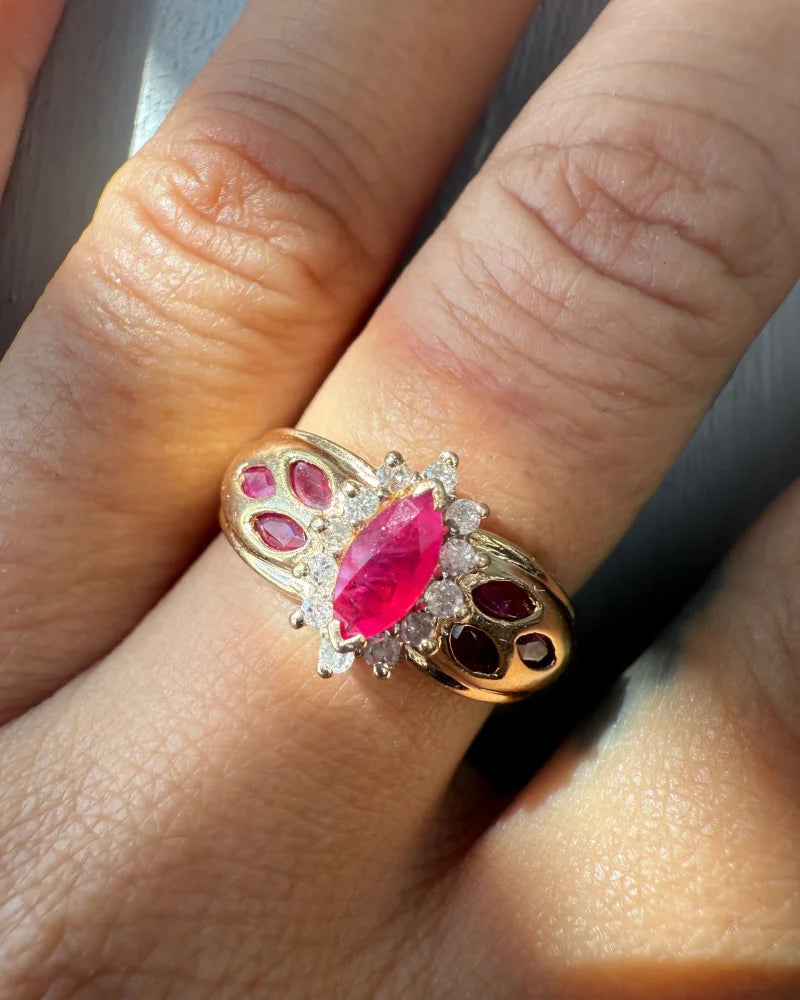 Estate 14K Ruby Marquise Ring with Diamond Halo - 14K Solid Gold - Free shipping - 2