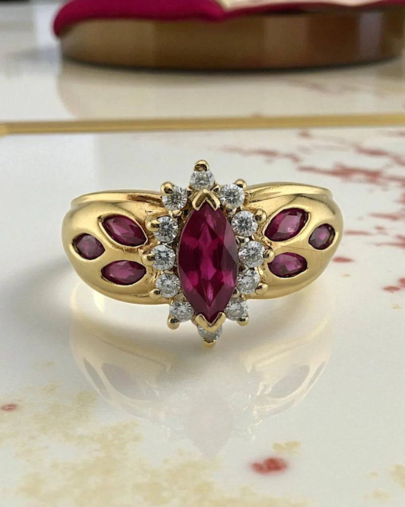 Estate 14K Ruby Marquise Ring with Diamond Halo - 14K Solid Gold - Free shipping - 1