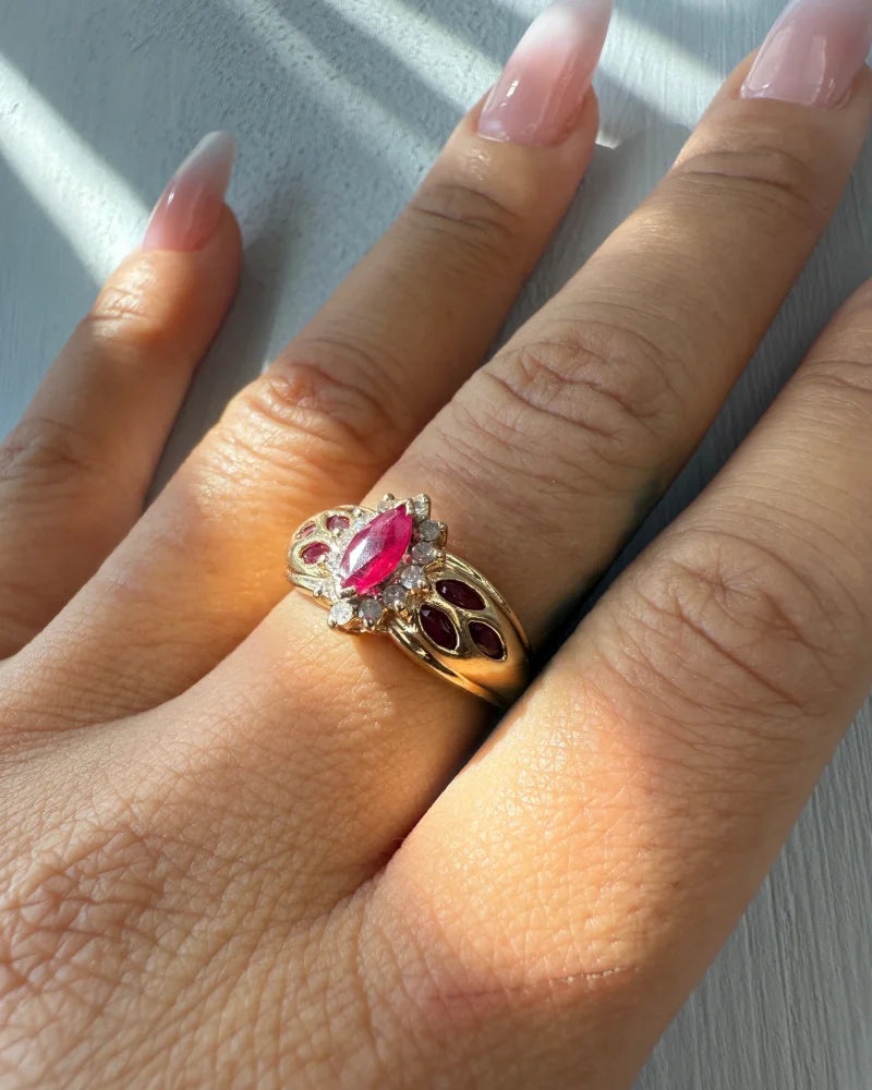 Estate 14K Ruby Marquise Ring with Diamond Halo - 14K Solid Gold - Free shipping - 6