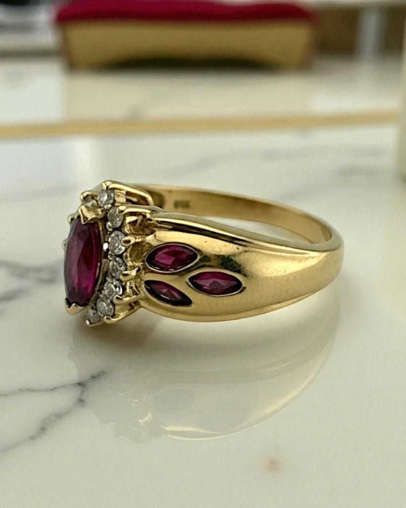 Estate 14K Ruby Marquise Ring with Diamond Halo - 14K Solid Gold - Free shipping - 5