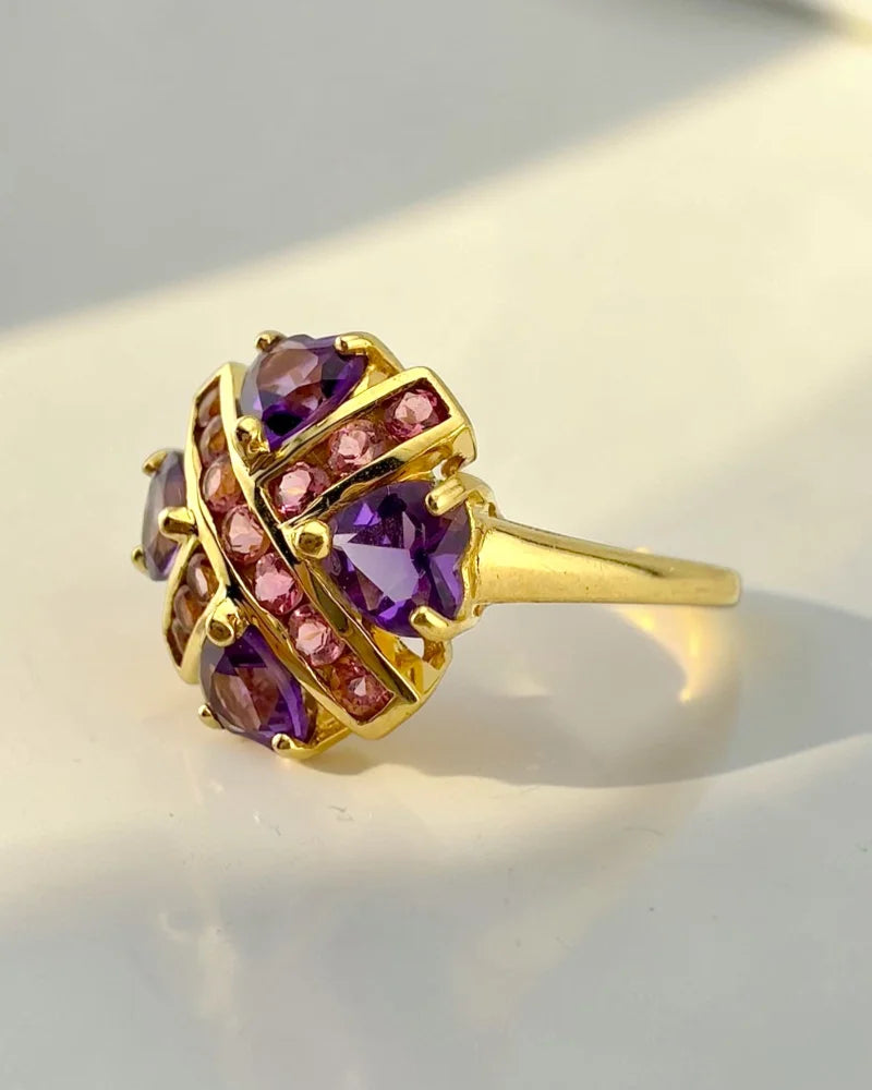 Estate 14K Yellow Gold Amethyst Heart and Pink Tourmaline Ring - 14K Solid Gold - Free shipping - 4
