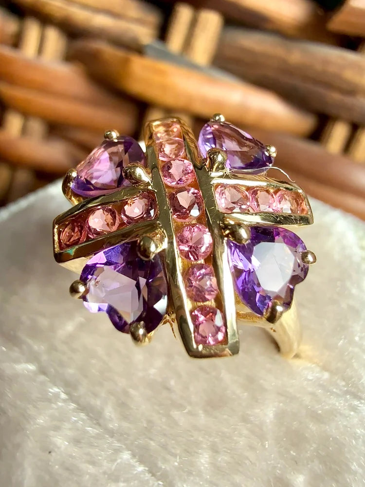 Estate 14K Yellow Gold Amethyst Heart and Pink Tourmaline Ring - 14K Solid Gold - Free shipping - 8