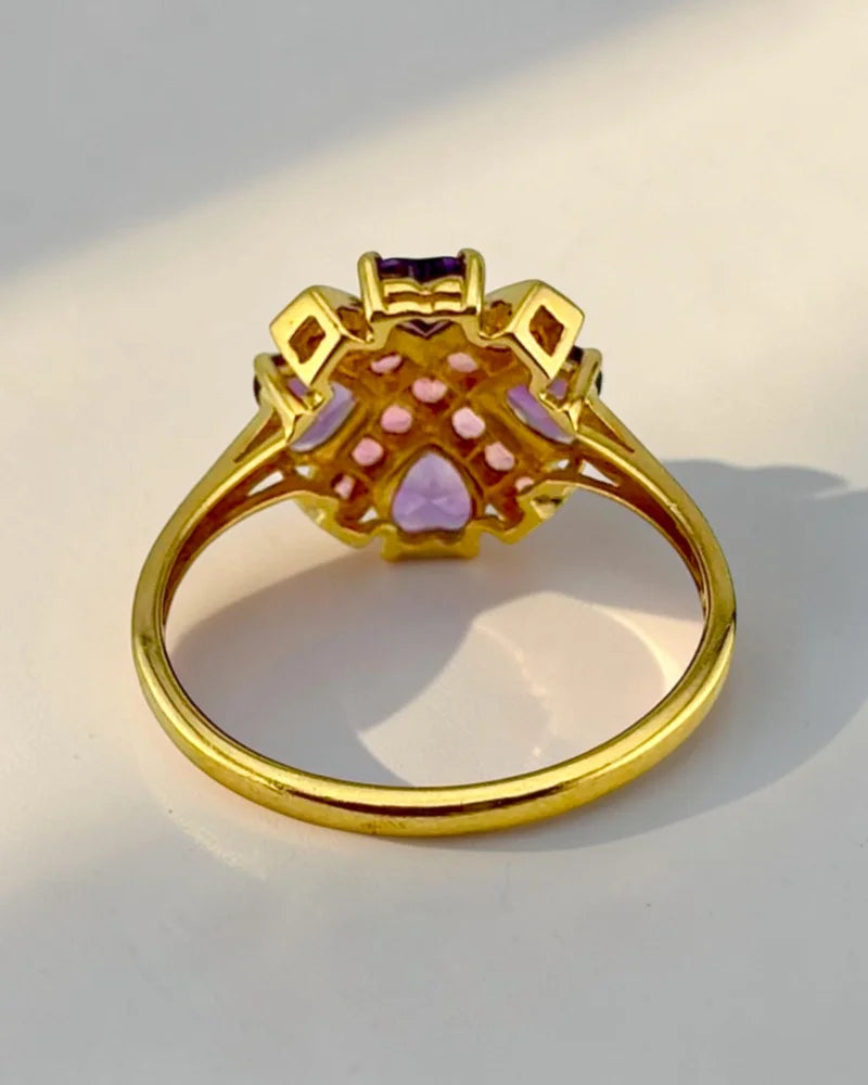 Estate 14K Yellow Gold Amethyst Heart and Pink Tourmaline Ring - 14K Solid Gold - Free shipping - 6
