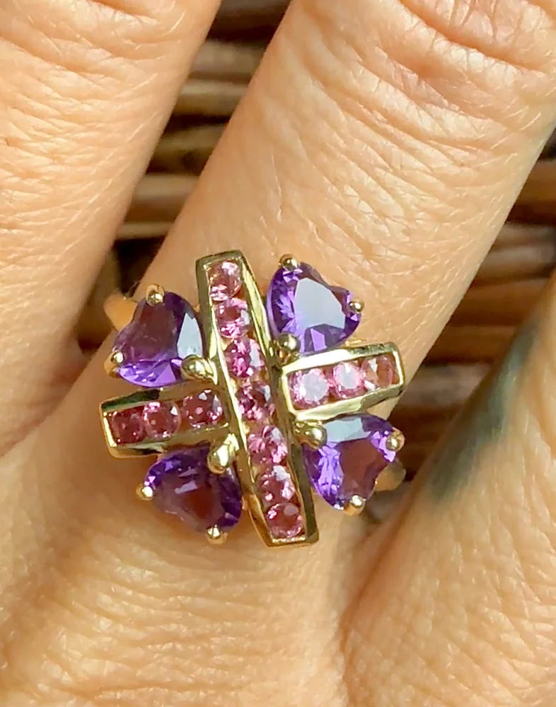 Estate 14K Yellow Gold Amethyst Heart and Pink Tourmaline Ring - 14K Solid Gold - Free shipping - 2