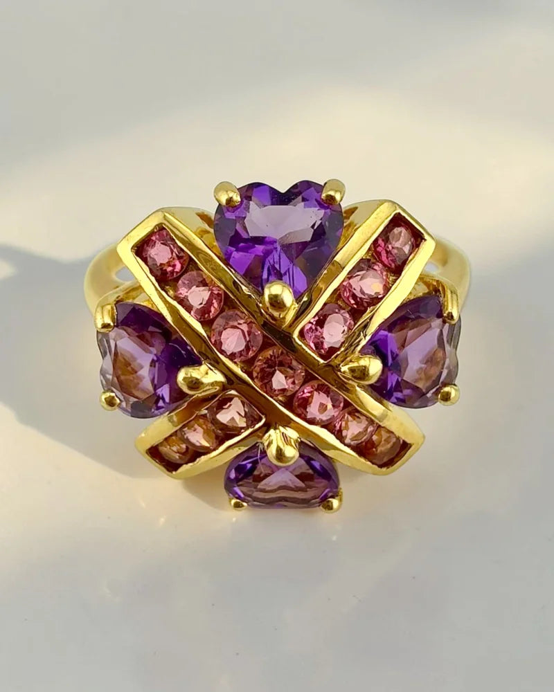 Estate 14K Yellow Gold Amethyst Heart and Pink Tourmaline Ring - 14K Solid Gold - Free shipping - 5