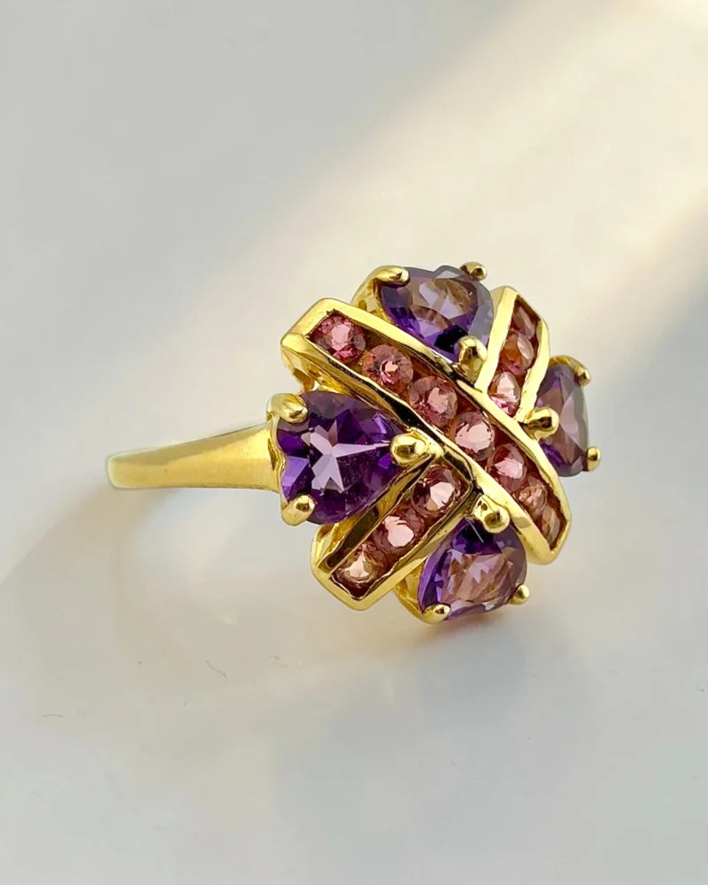Estate 14K Yellow Gold Amethyst Heart and Pink Tourmaline Ring - 14K Solid Gold - Free shipping - 3