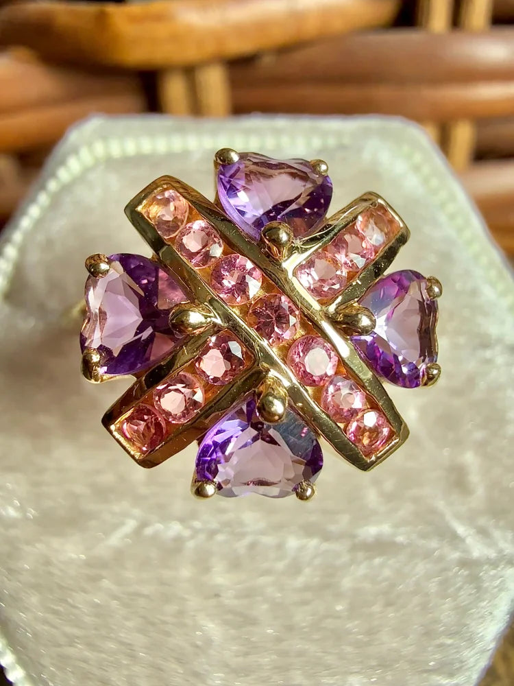 Estate 14K Yellow Gold Amethyst Heart and Pink Tourmaline Ring - 14K Solid Gold - Free shipping - 7