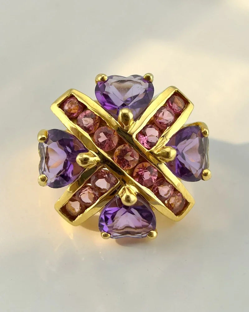 Estate 14K Yellow Gold Amethyst Heart and Pink Tourmaline Ring - 14K Solid Gold - Free shipping - 1