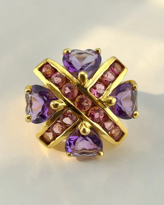 Estate 14K Yellow Gold Amethyst Heart and Pink Tourmaline Ring - 14K Solid Gold - Free shipping - 1
