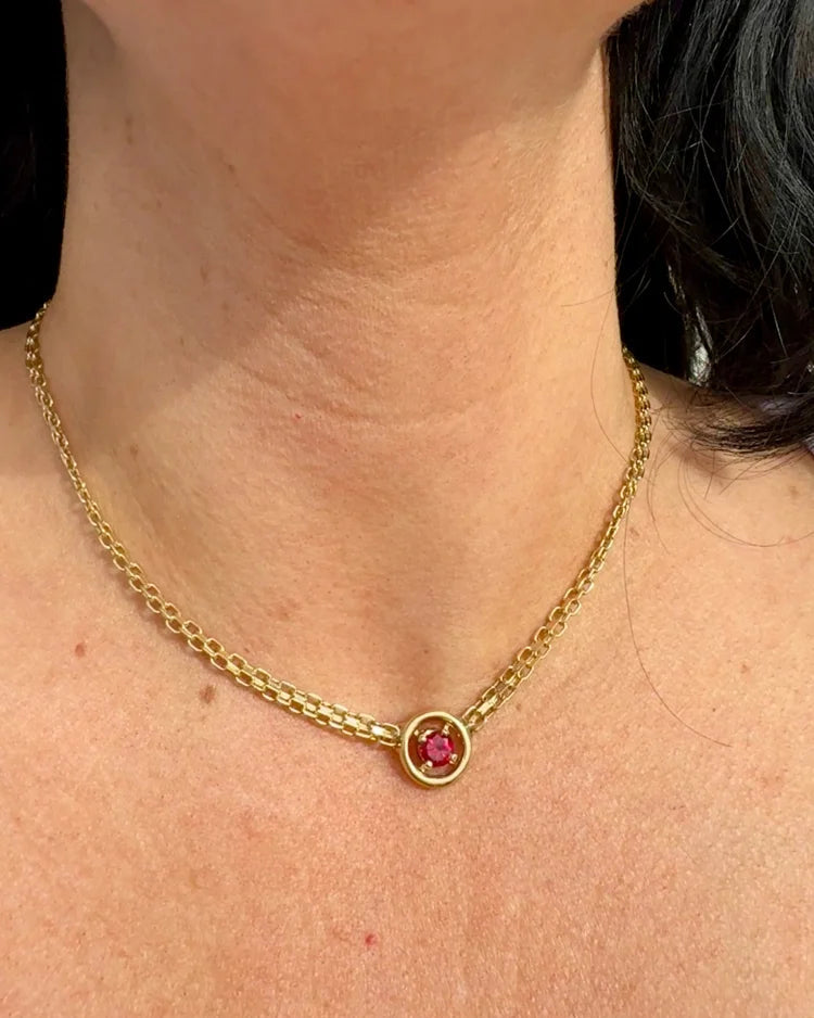 Estate 14K Yellow Gold Flat Bismarck Chain Necklace with 0.80 ct Ruby Pendant 16 in - 14K Solid Gold - Free shipping - 2