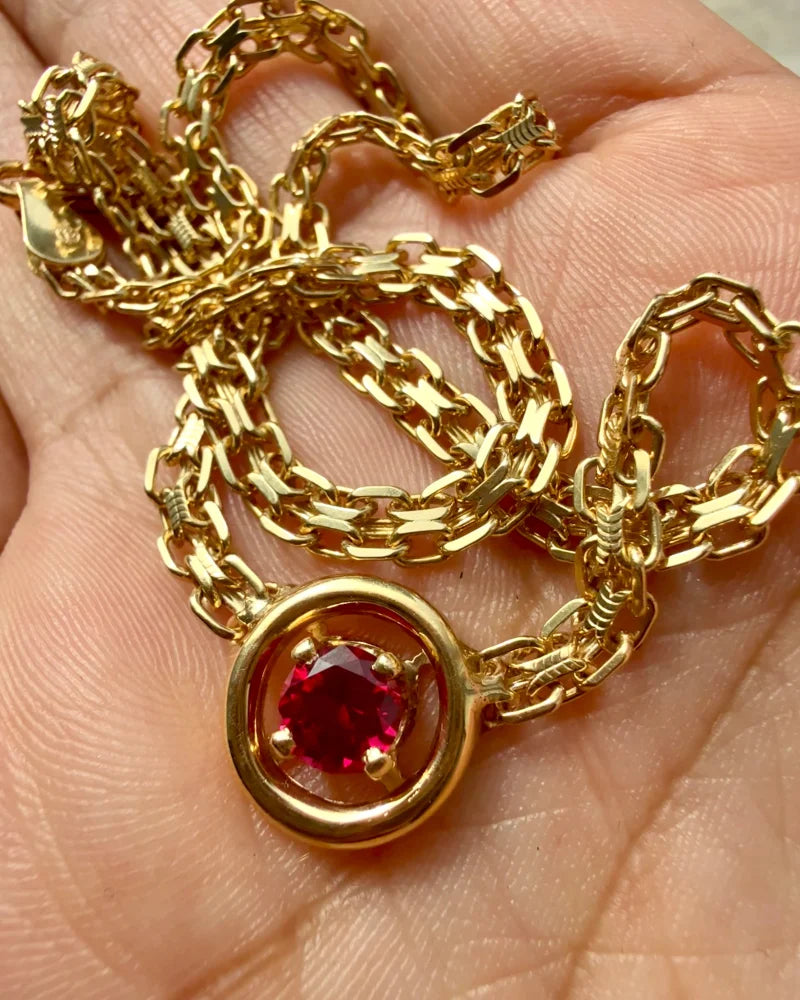 Estate 14K Yellow Gold Flat Bismarck Chain Necklace with 0.80 ct Ruby Pendant 16 in - 14K Solid Gold - Free shipping