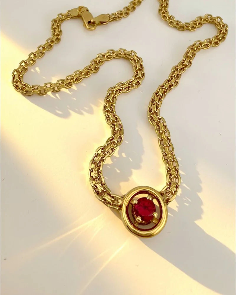 Estate 14K Yellow Gold Flat Bismarck Chain Necklace with 0.80 ct Ruby Pendant 16 in - 14K Solid Gold - Free shipping - 5