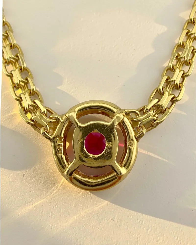 Estate 14K Yellow Gold Flat Bismarck Chain Necklace with 0.80 ct Ruby Pendant 16 in - 14K Solid Gold - Free shipping - 7